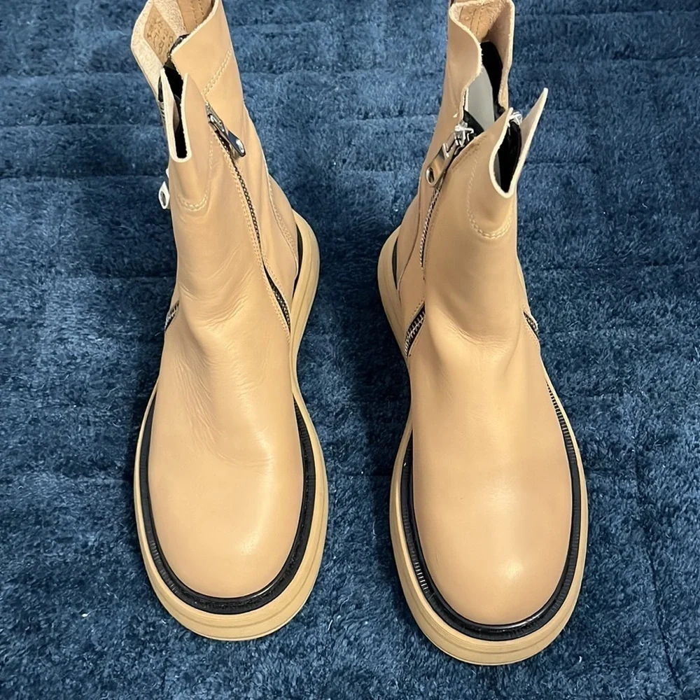 New Free People Mara Zip Moto Boots in Latte Brown Leather Size 37 or 7